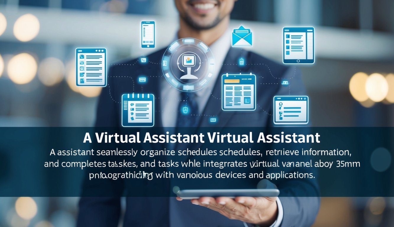 A virtual assistant seamlessly organizes schedules, retrieves information, and completes tasks, all while integrating with various devices and applications