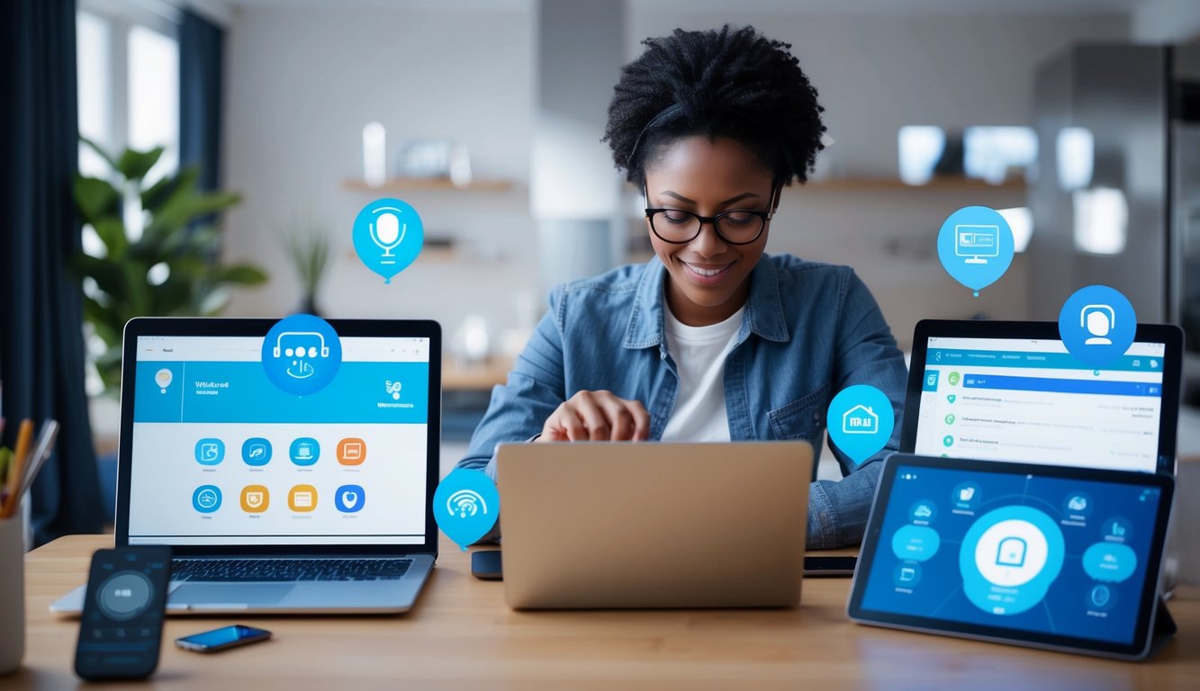 A person using virtual assistants on multiple devices throughout their home, seamlessly integrating them into their daily tasks and activities