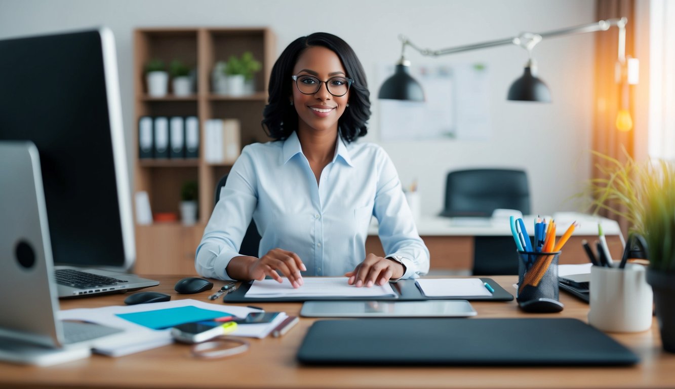 A virtual assistant organizing a cluttered desk, streamlining workflow, and increasing productivity