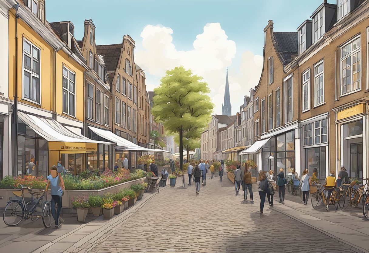 A bustling city street in Utrecht with iconic architecture and a lively atmosphere, leading towards the serene countryside of Emmen