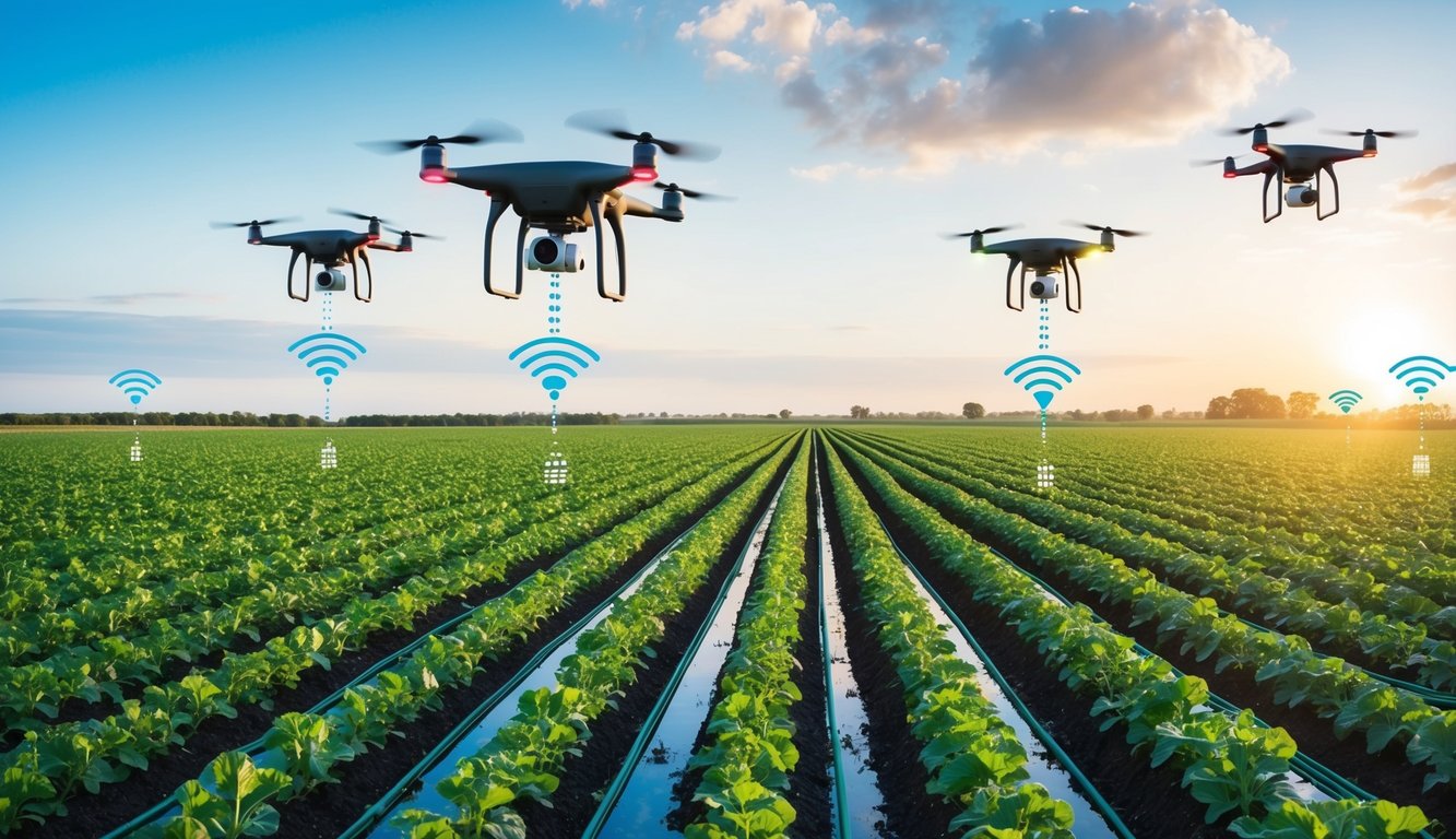 A smart agriculture field with IoT sensors monitoring crops, weather, and soil conditions. Drones fly overhead capturing data, while automated irrigation systems water the plants