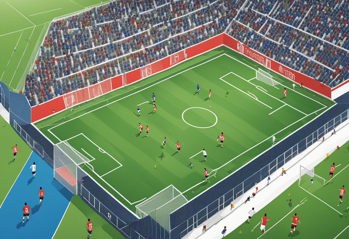 A bird's eye view of a soccer field with players in red and white jerseys on one side and players in blue and white jerseys on the other side