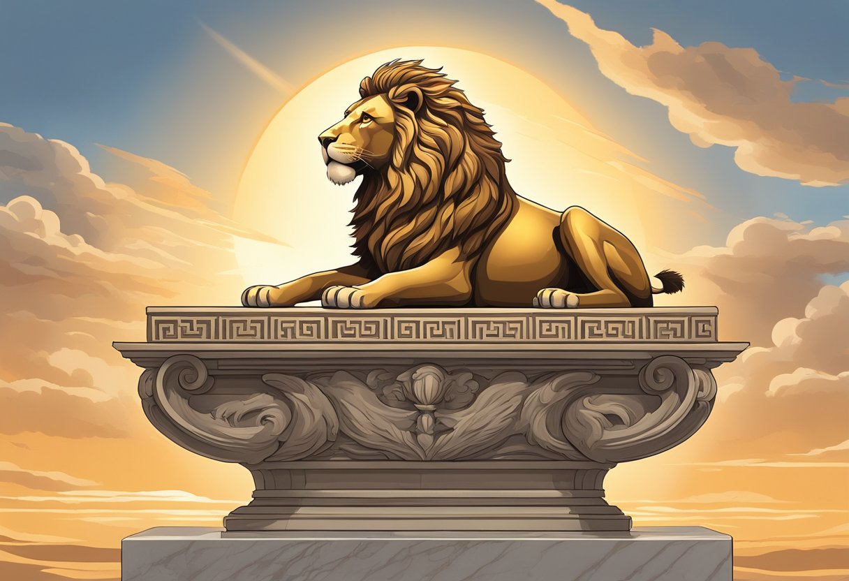 A majestic lion with a flowing mane stands proudly atop a marble pedestal, surrounded by ancient Greek and Roman symbols of mythology. The sun sets behind the lion, casting a warm glow over the scene