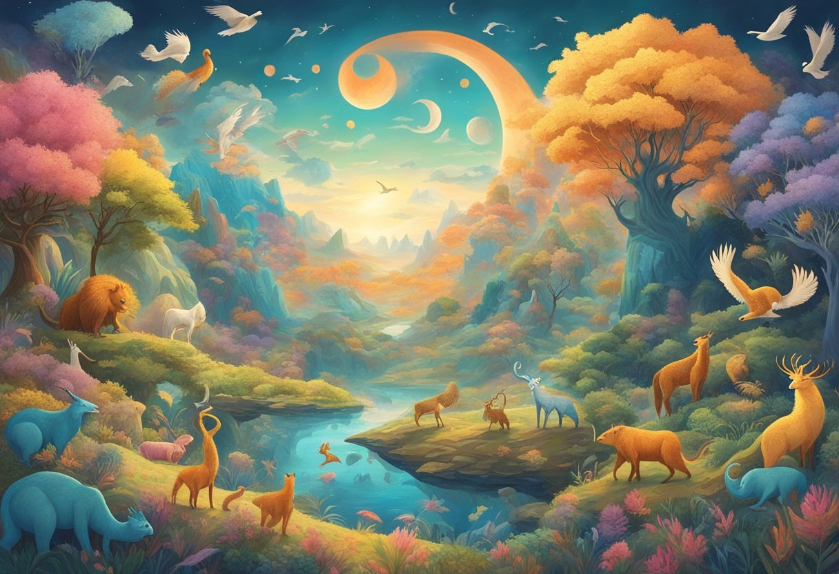 A diverse array of mythological creatures from various cultures gather in a vibrant, otherworldly landscape. The sky is filled with celestial beings and the ground is teeming with fantastical animals