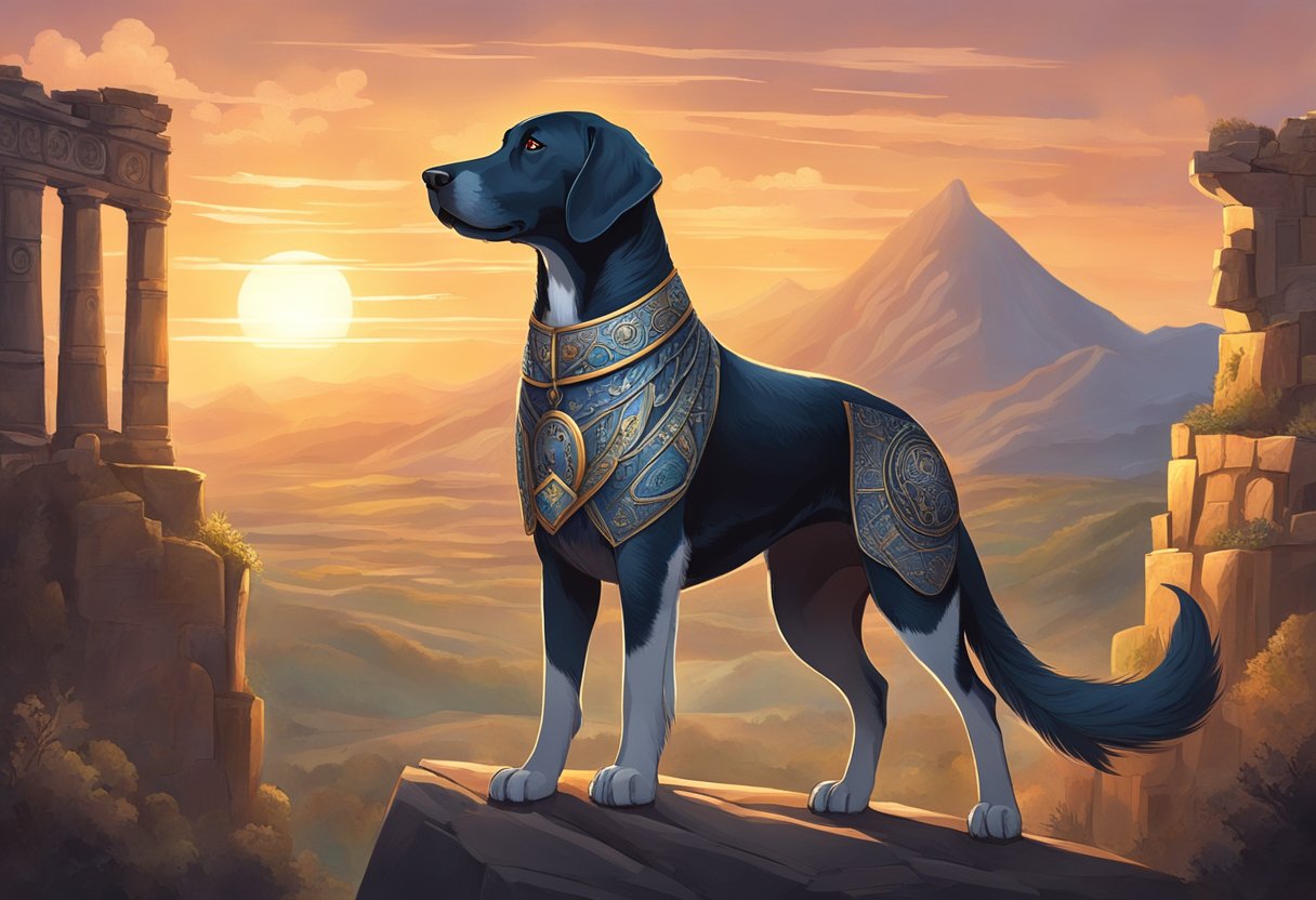 A majestic hound stands proudly on a mountaintop, surrounded by ancient ruins and mystical symbols. The sun sets behind the creature, casting a warm glow on its fur