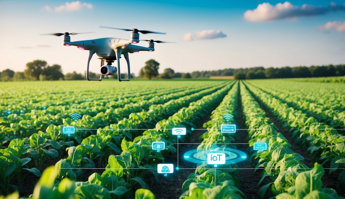 A lush field of crops is monitored by a network of IoT devices, including sensors and drones. Data is collected and analyzed to optimize crop management