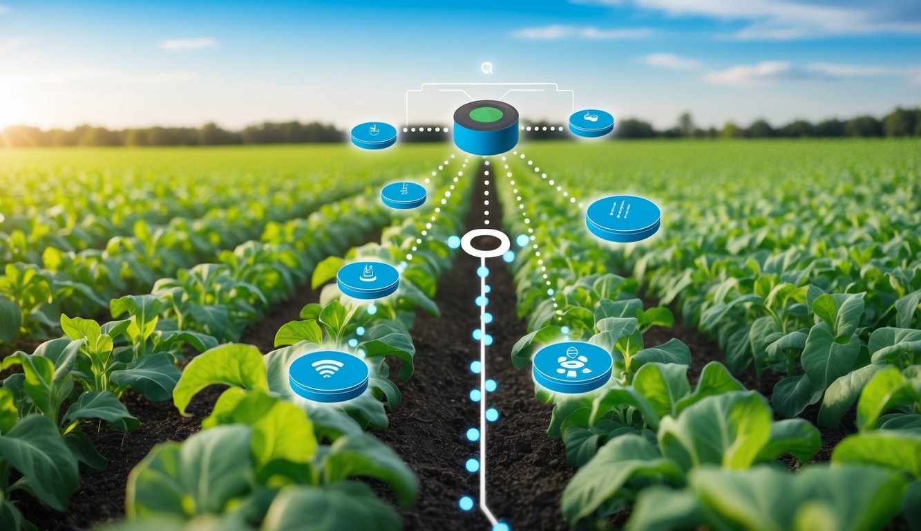 A field of crops with sensors and devices monitoring growth and soil conditions, connected to a central hub