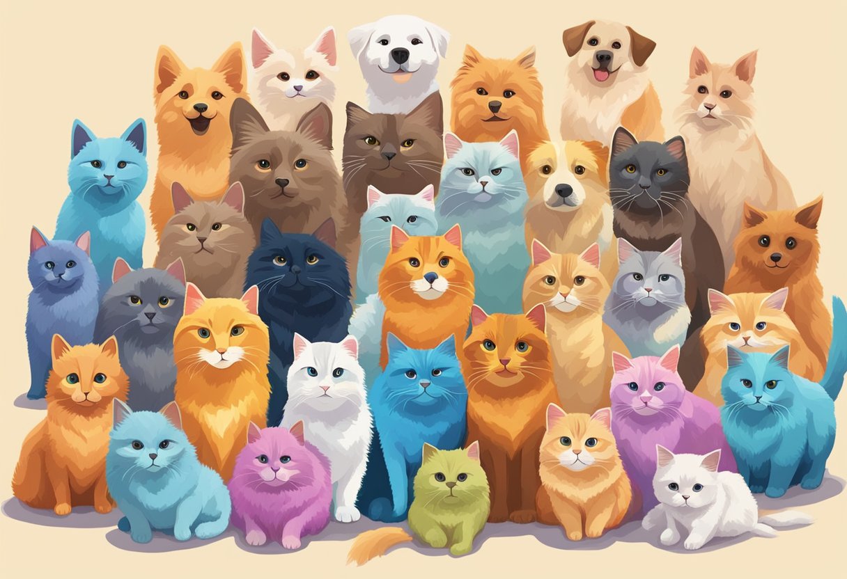 A colorful array of pets with names like Ruby, Blue, and Sunny, surrounded by vibrant hues to illustrate the influence of color on pet names