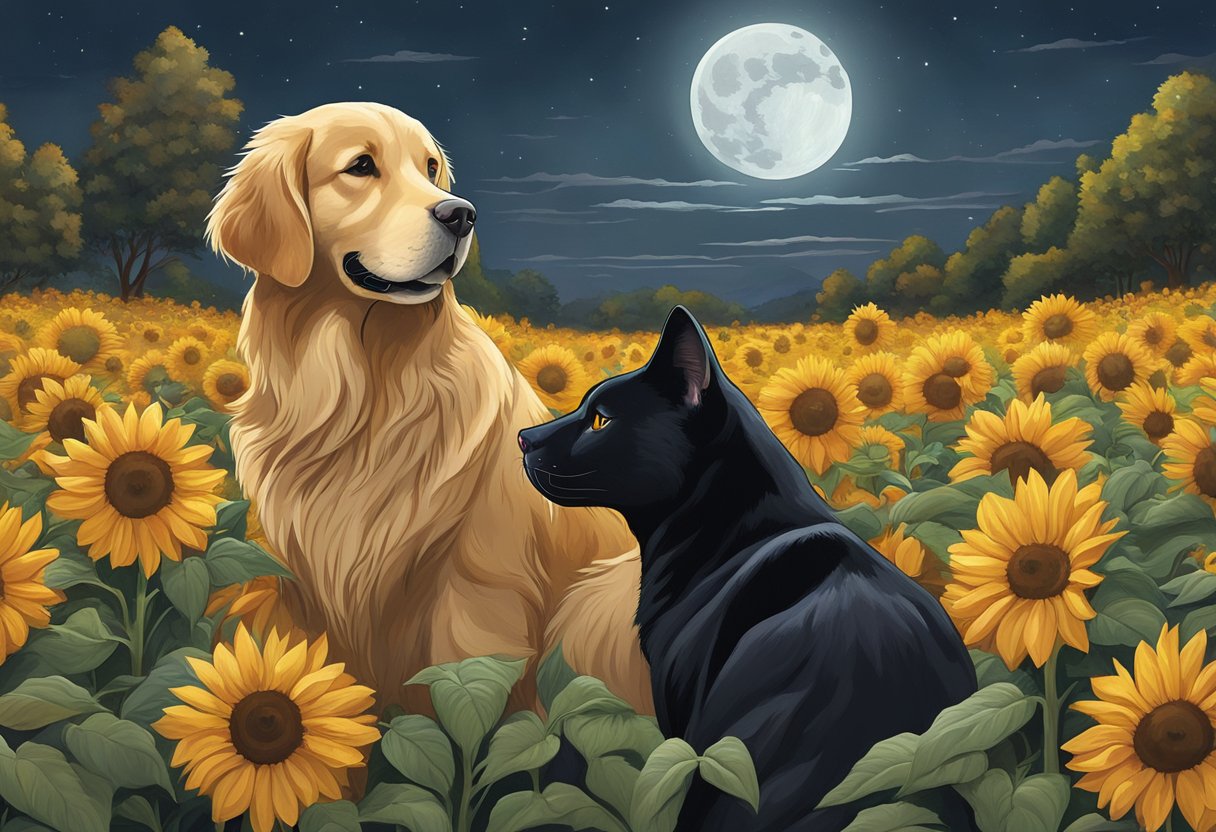 A golden retriever named Sunny plays in a field of sunflowers, while a black cat named Midnight lounges on a moonlit rooftop