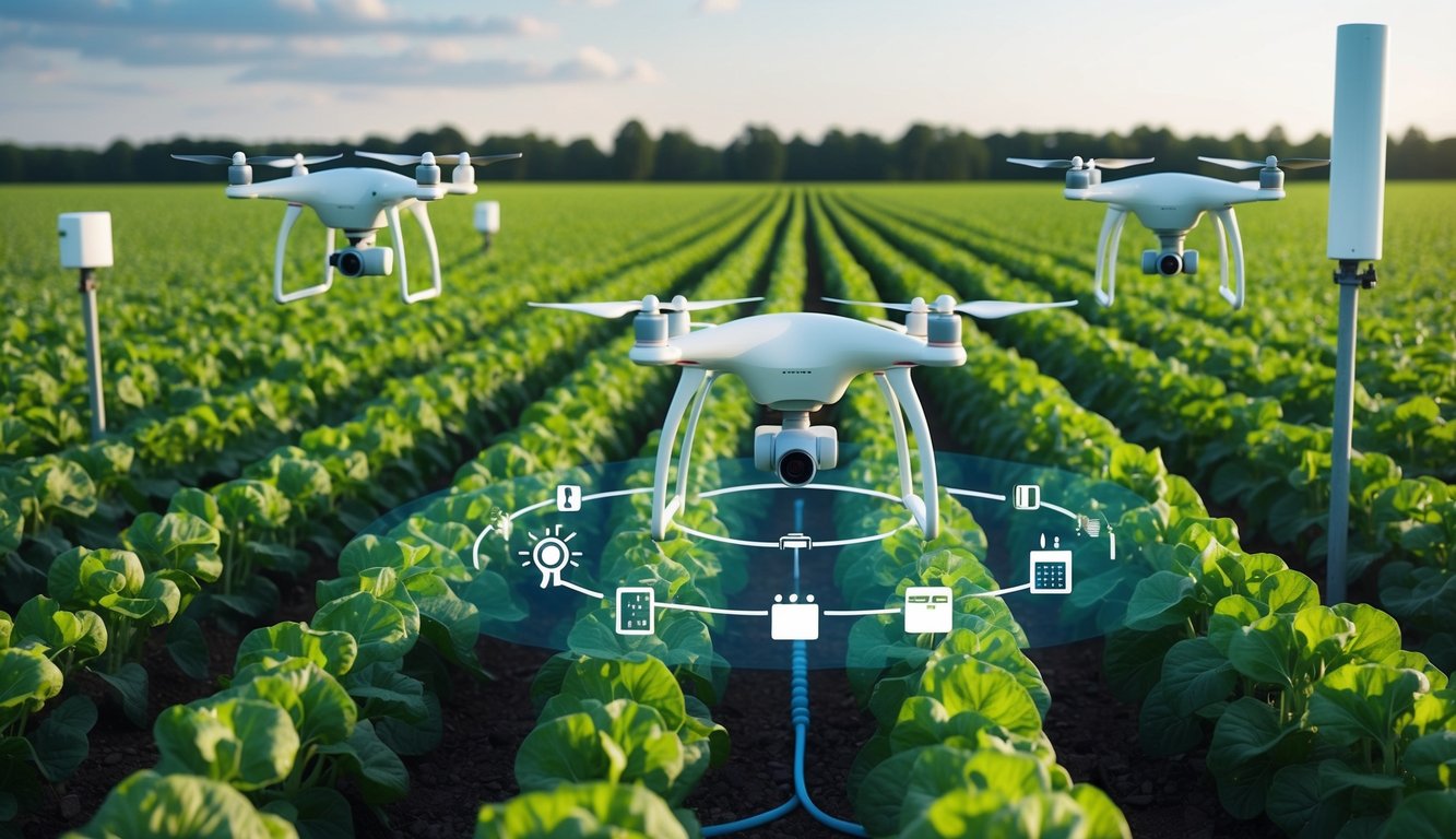 A field of crops with sensors and drones monitoring growth, irrigation systems adjusting based on real-time data, and weather stations collecting information for smart agriculture