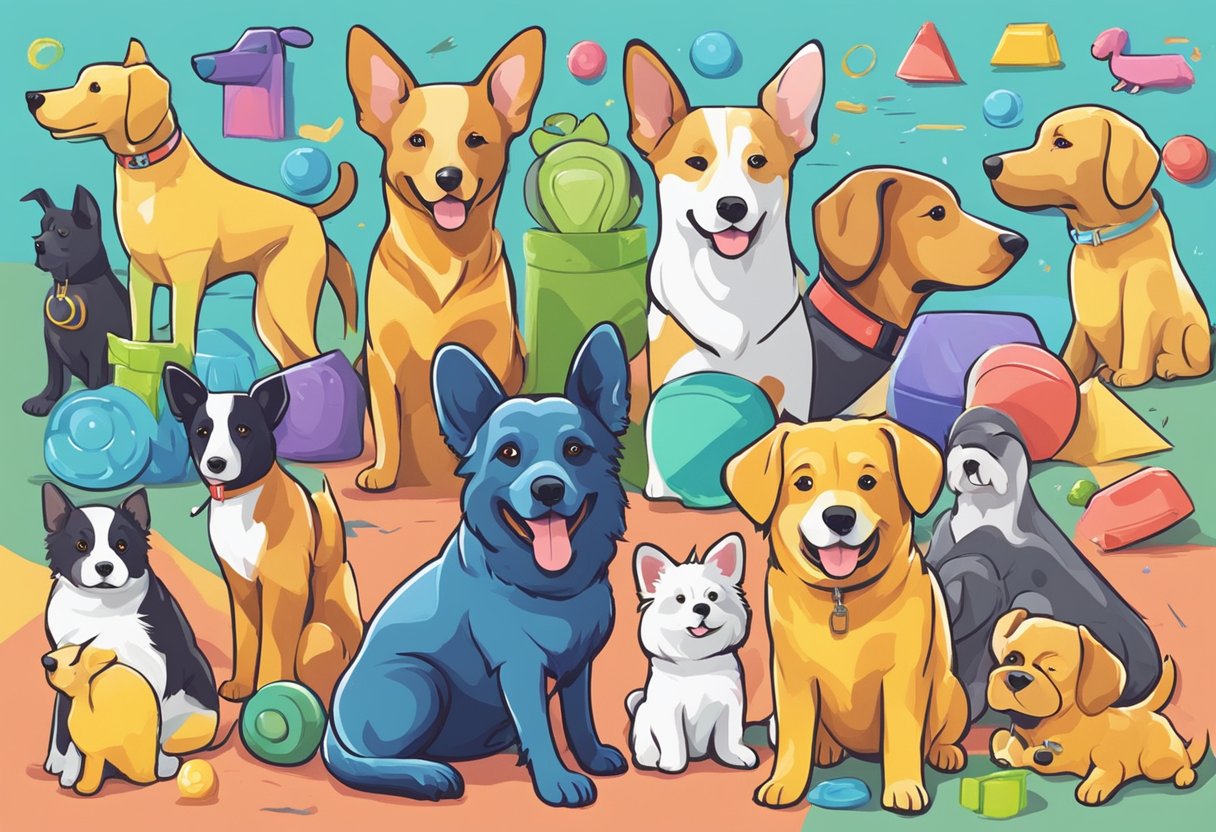 Various dog breeds playfully interact with colorful objects, representing different color-themed pet names