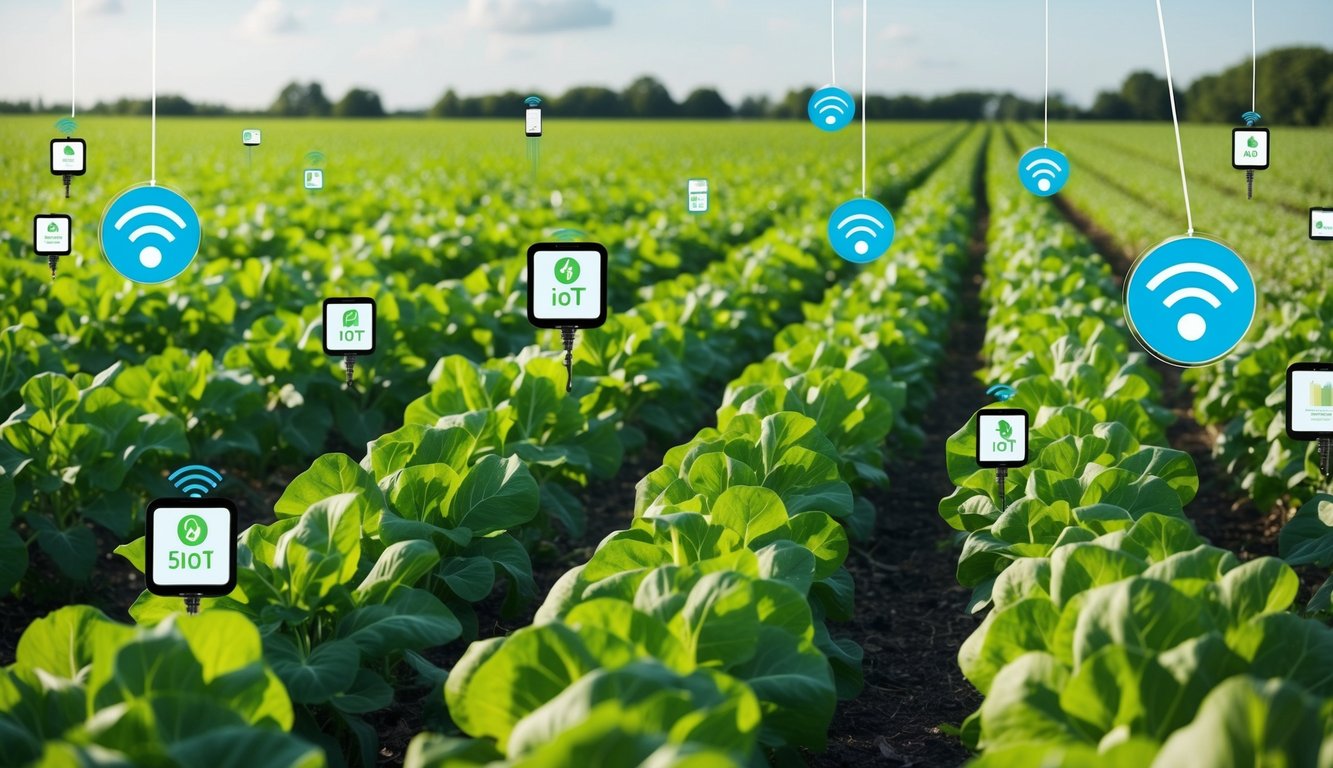 A lush field of crops with various sensors and IoT devices scattered throughout, collecting data on soil moisture, temperature, and crop health