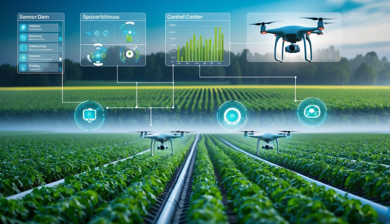 A futuristic farm with sensor-equipped fields, drones monitoring crops, and data being analyzed in a control center