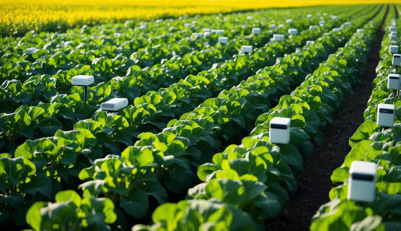 A lush field of crops with sensors and devices dispersed throughout, monitoring and managing the growth and health of the plants