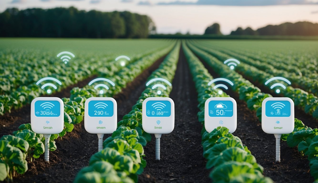 A modern farm with IoT sensors monitoring crops, weather, and soil conditions. Smart devices collect data for efficient crop management