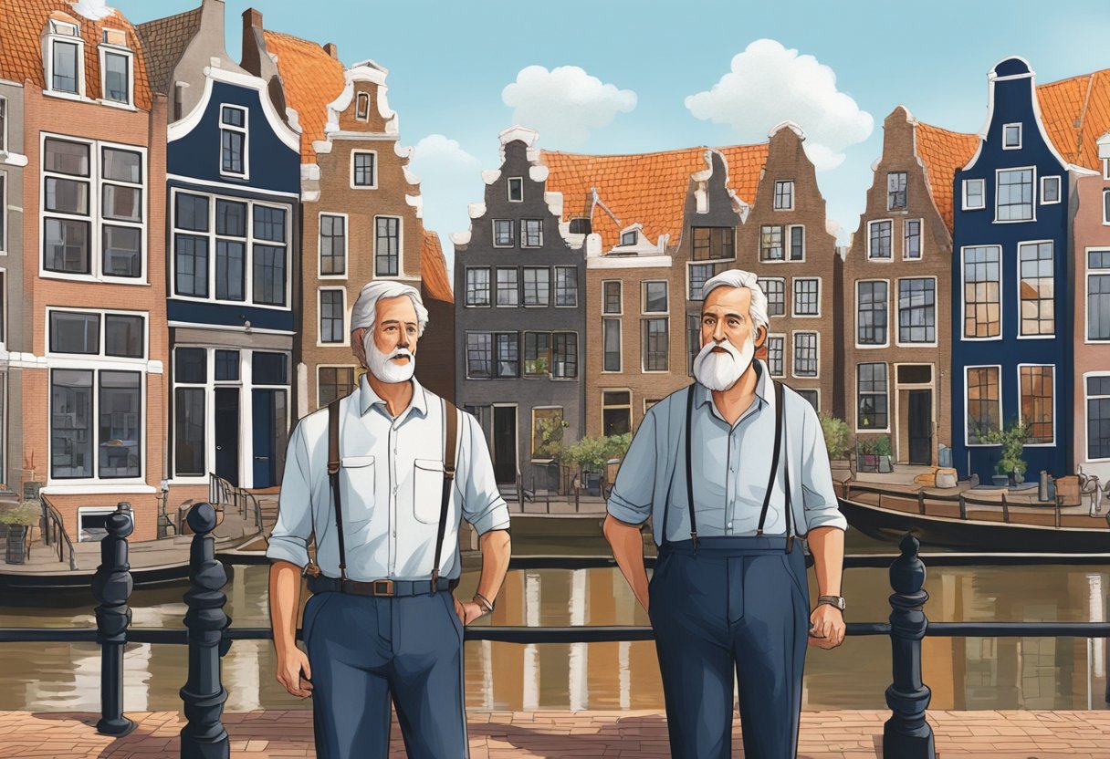 Two men in Utrecht, one older and one younger, standing in front of a traditional Dutch house with a canal running alongside