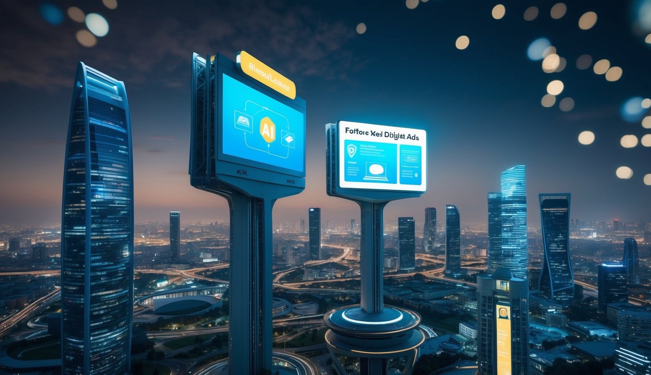 A futuristic cityscape with AI-powered billboards and personalized digital ads, showcasing real-time data analytics