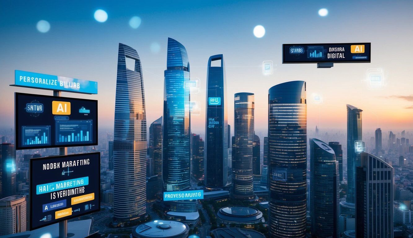 A futuristic city skyline with AI-powered digital billboards and personalized advertisements. Real-time data streams flow through the city, shaping modern marketing