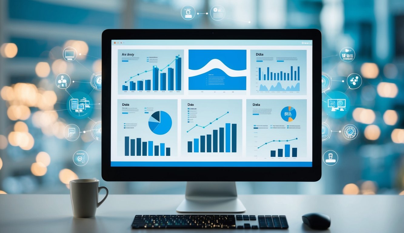 A computer screen displaying various data points and graphs, with AI algorithms processing real-time information for personalized digital marketing