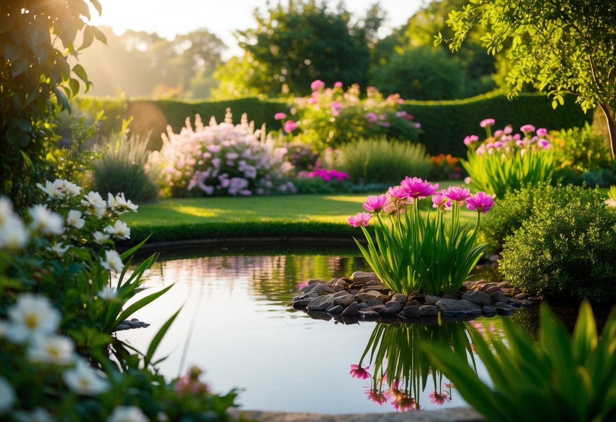 Ein ruhiger Garten mit blühenden Blumen und einem ruhigen Teich, umgeben von üppigem Grün und in warmes Sonnenlicht getaucht