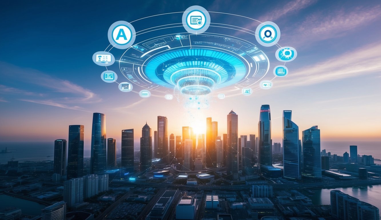 A futuristic city skyline with data streams flowing into a central hub, surrounded by AI-powered digital marketing tools and personalized content