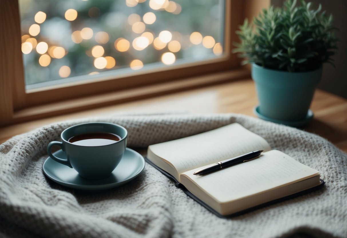 Eine ruhige Szene der Selbstfürsorge: ein gemütliches Zimmer mit einer warmen Tasse Tee, einer weichen Decke und einem Tagebuch zum Nachdenken. Ein Fenster lässt natürliches Licht herein und eine Topfpflanze sorgt für einen Hauch von Natur