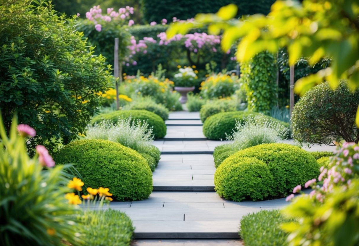 Ein ruhiger Garten mit verschiedenen Wegen, die zu einem zentralen Punkt führen, umgeben von üppigem Grün und blühenden Blumen. Die Szene strahlt ein Gefühl der Ruhe aus und lädt den Betrachter ein, verschiedene Wege der Selbstfürsorge zu erkunden