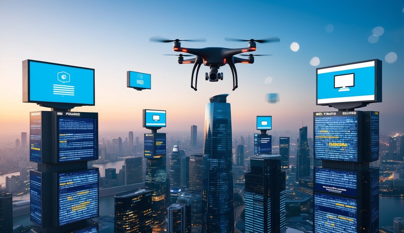 A futuristic cityscape with digital billboards displaying personalized ads based on real-time data. AI-powered drones deliver targeted content to individuals