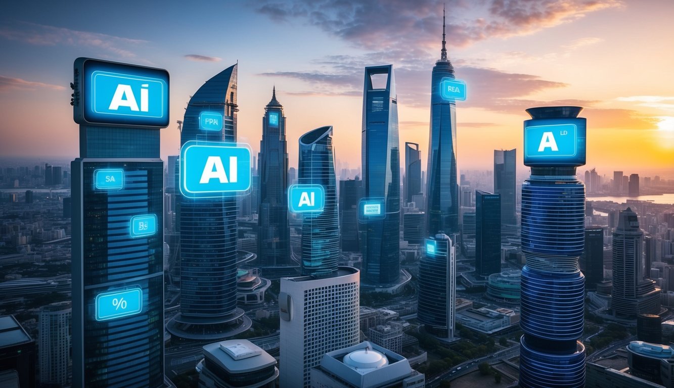 A futuristic city skyline with AI-powered digital billboards, personalized ads, and real-time data streams