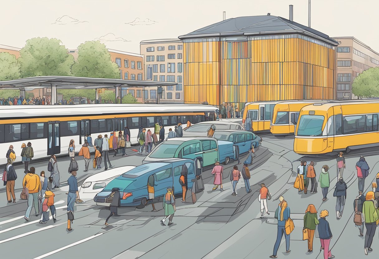 Passengers exiting cars at Utrecht Centraal's "kiss and ride" area, with vehicles lined up and a station in the background