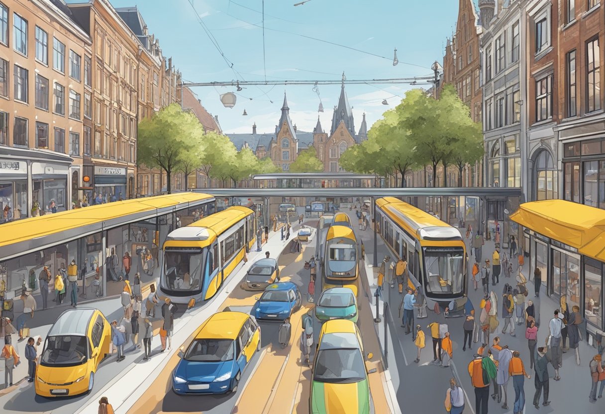 A bustling scene at Utrecht Centraal's "kiss and ride" area, with cars dropping off and picking up passengers against the backdrop of the historic city