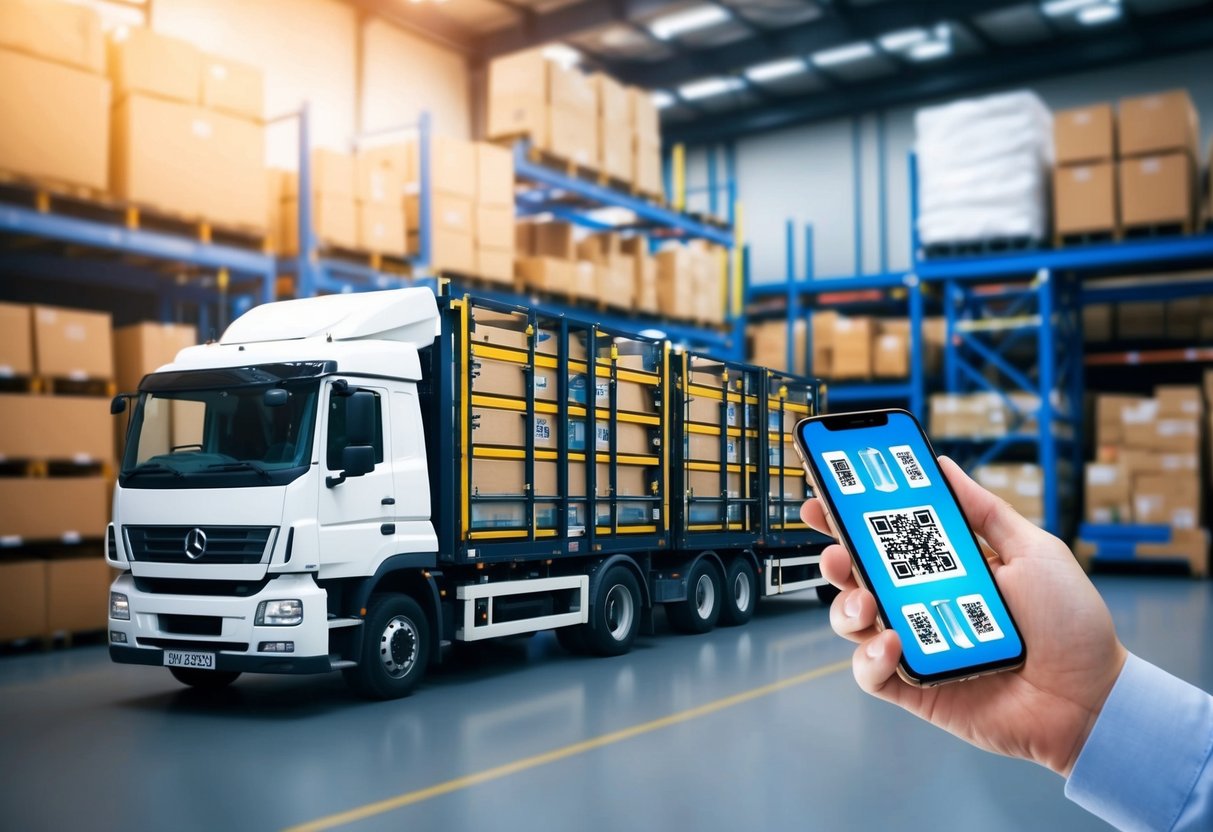 A modern warehouse with automated sorting and tracking systems. Trucks loading and unloading goods. A smartphone scanning QR codes for inventory management