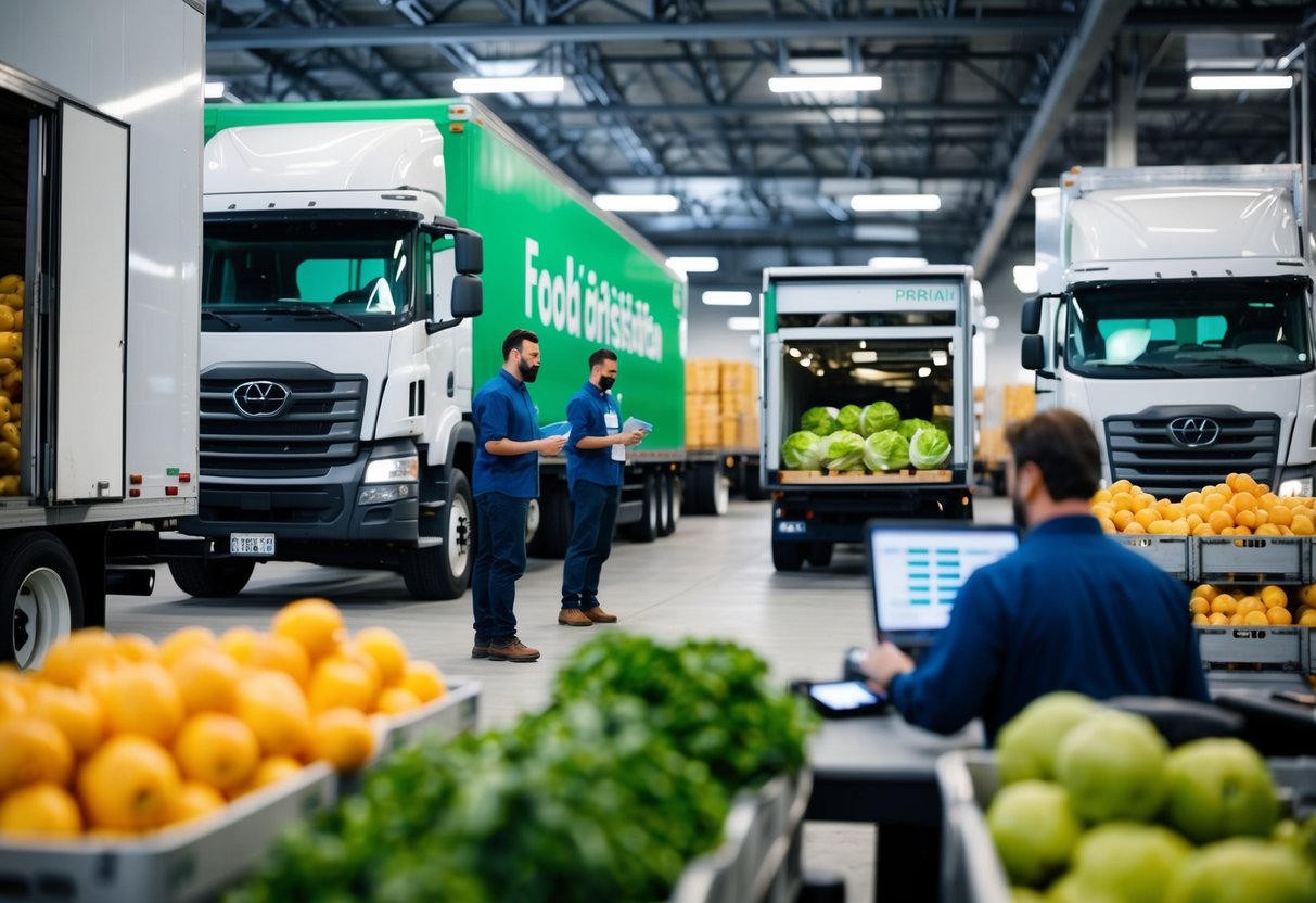 A bustling food distribution center with trucks unloading produce while workers use technology to track inventory and monitor storage conditions