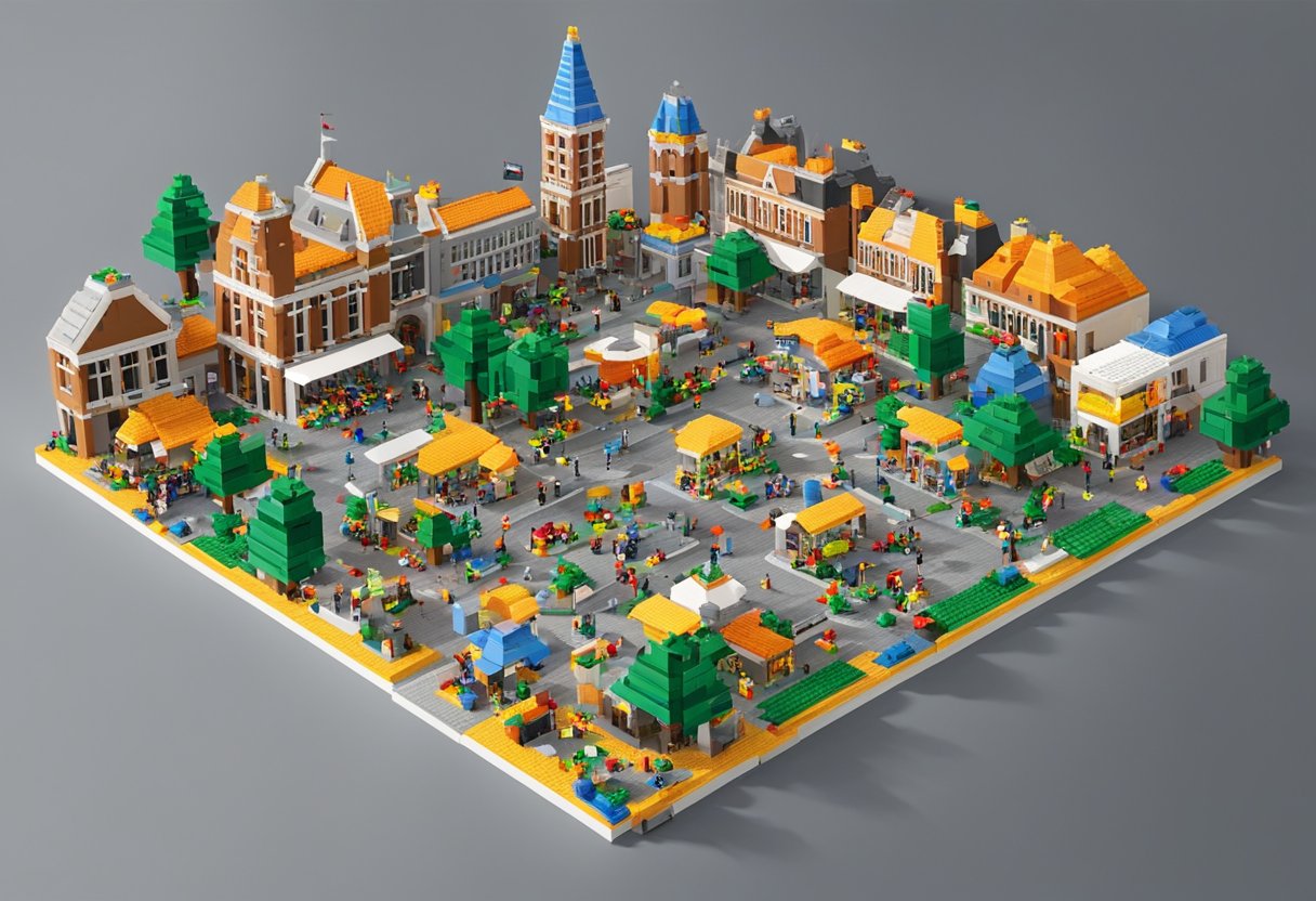 A bustling Lego World event in Utrecht, filled with colorful brick creations, interactive displays, and excited attendees