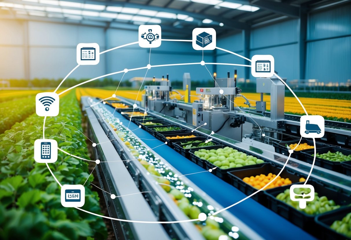 A network of interconnected devices and machinery streamlining the food production process, from farm to table. Sensors monitor inventory levels and quality, while automated sorting and packaging systems optimize supply chains