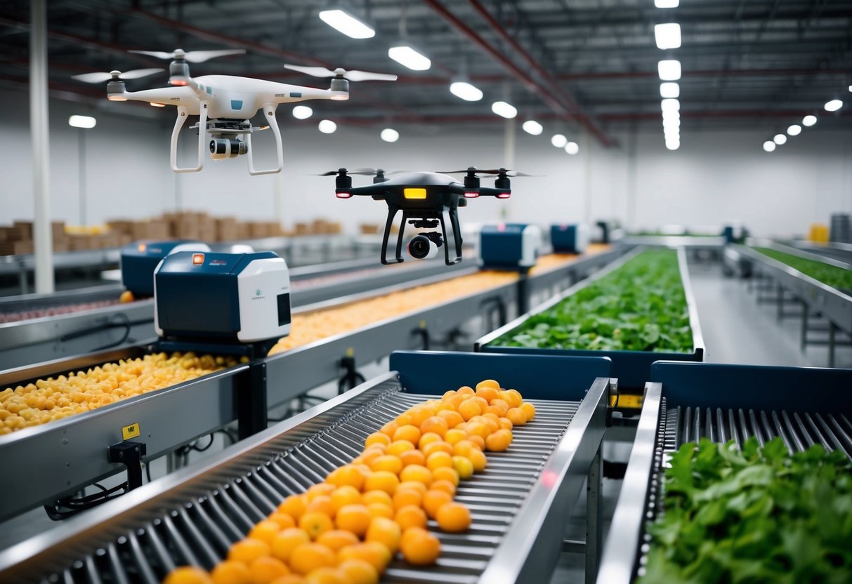 A modern warehouse with automated conveyor belts sorting and packaging fresh produce. Drones and robots navigate the facility, efficiently managing inventory and reducing food waste