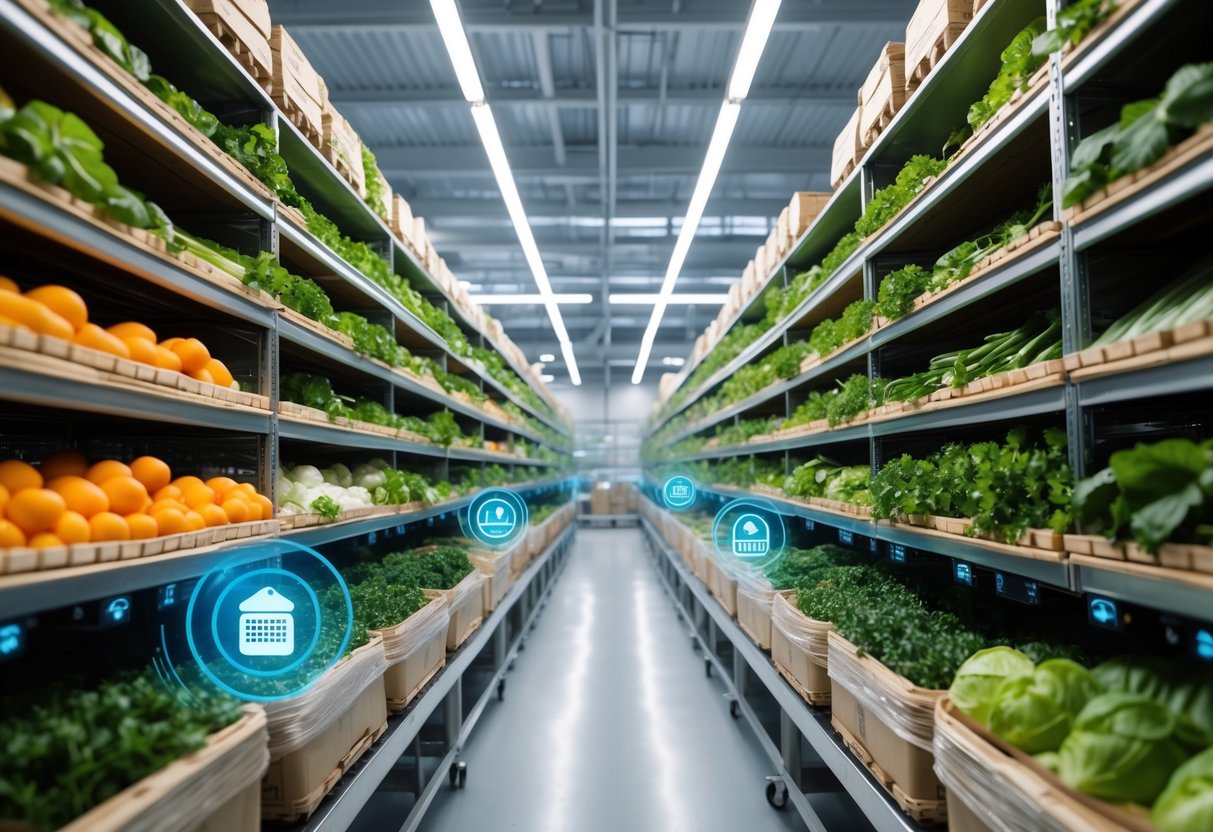 A bustling agri-food supply chain with technology seamlessly integrating into each stage, reducing food waste and optimizing logistics