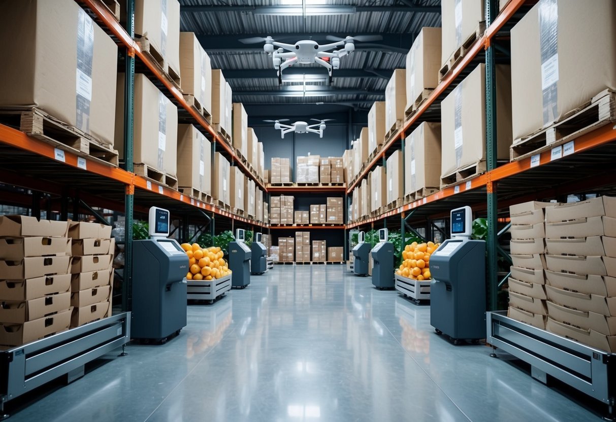 A modern warehouse with automated sorting and packaging machines, drones delivering fresh produce, and smart refrigeration systems to reduce food waste