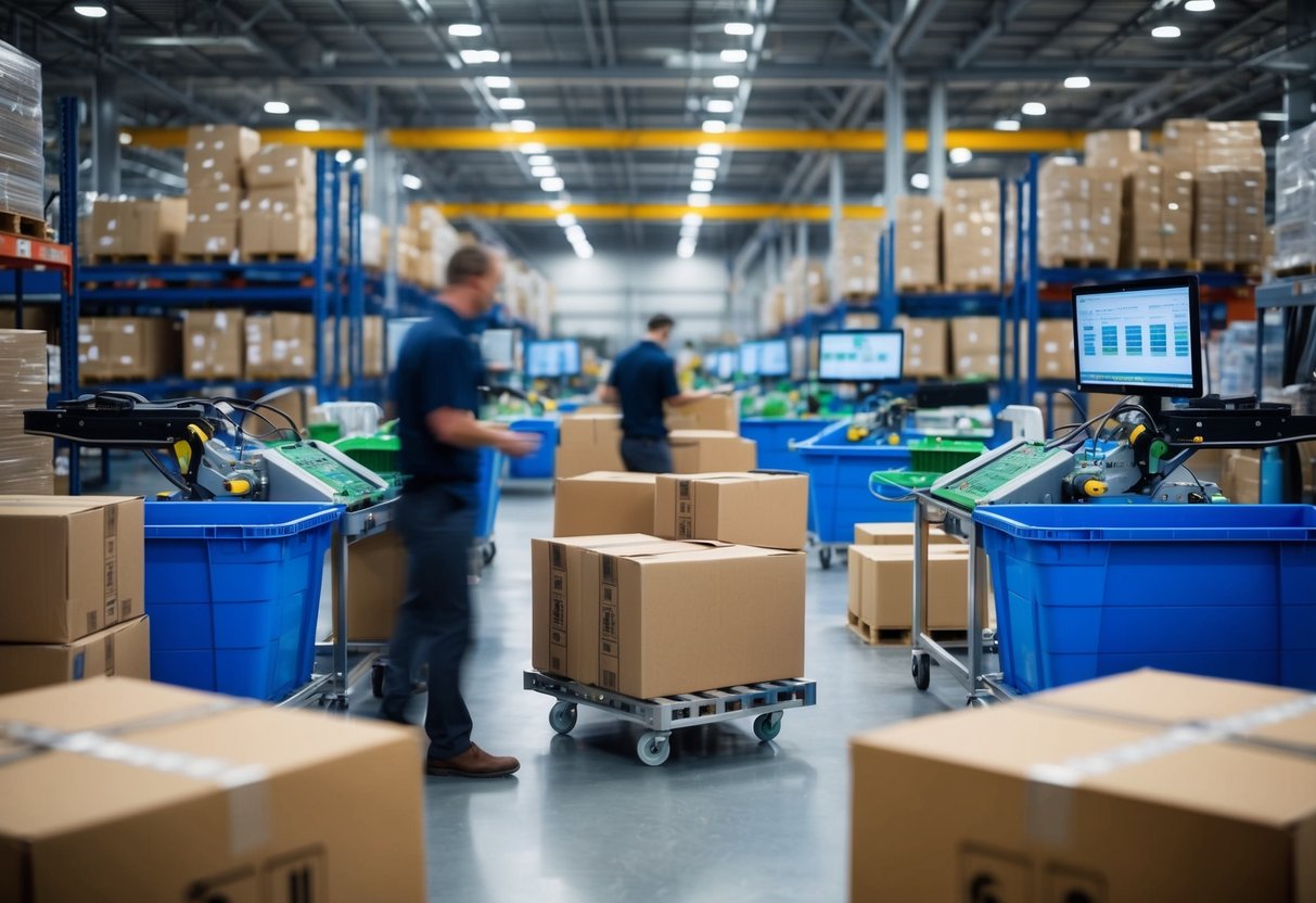 A bustling warehouse with technology integrated into every step of the supply chain, from automated sorting systems to data analytics software tracking food waste