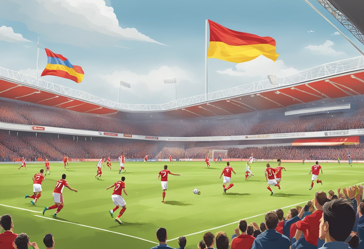 A soccer match between FC Utrecht and Go Ahead Eagles, with players on the field and fans in the stands, flags waving and excitement in the air