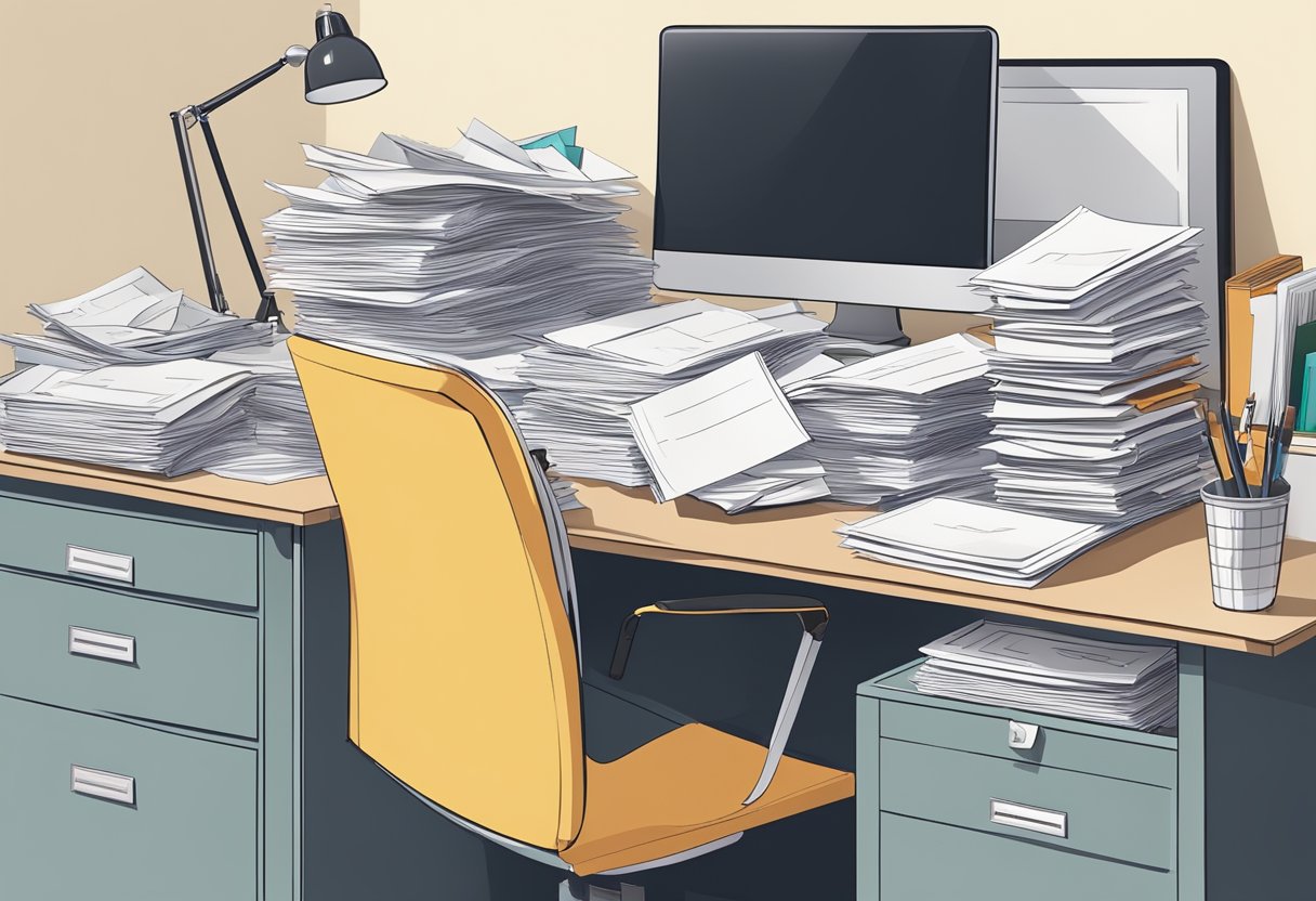 A cluttered desk with scattered papers and overflowing mail bins, contrasted with a clean, organized desk with a neatly stacked pile of papers and a tidy inbox