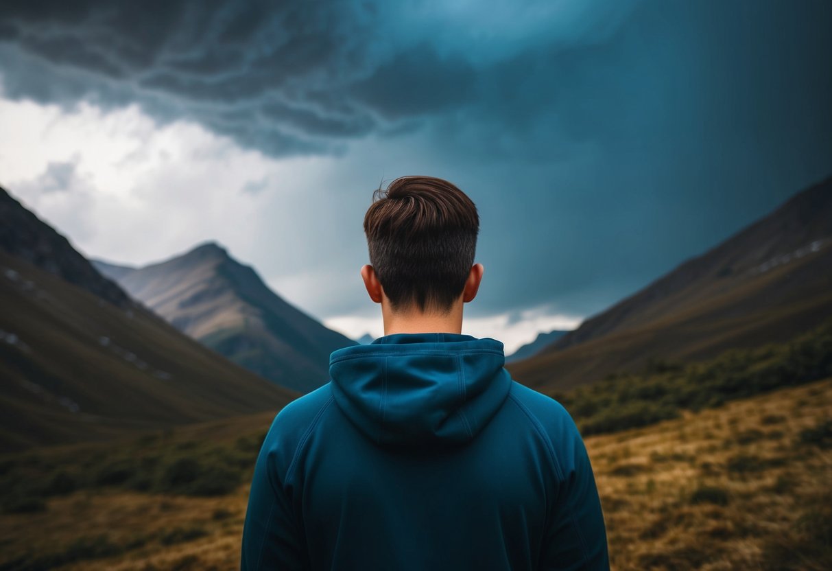 Eine Person, die einer bergigen Landschaft bei stürmischem Wetter gegenübersteht, symbolisiert die Bewältigung von Herausforderungen und die Stärkung der psychischen Gesundheit