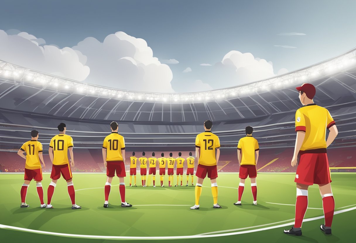 Players in red and yellow uniforms line up on the field. The ball sits in the center circle as the teams prepare for the match