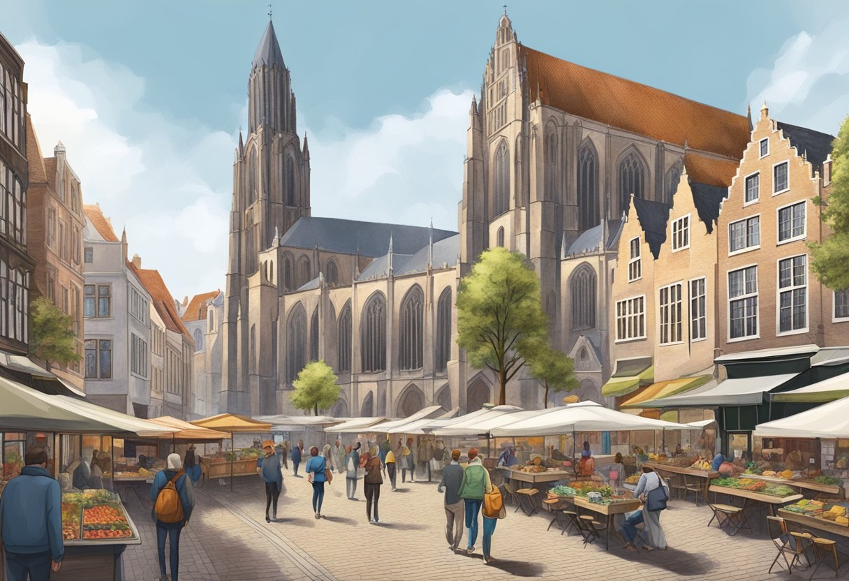 A bustling market square surrounded by historic buildings and a towering church in the city of Utrecht