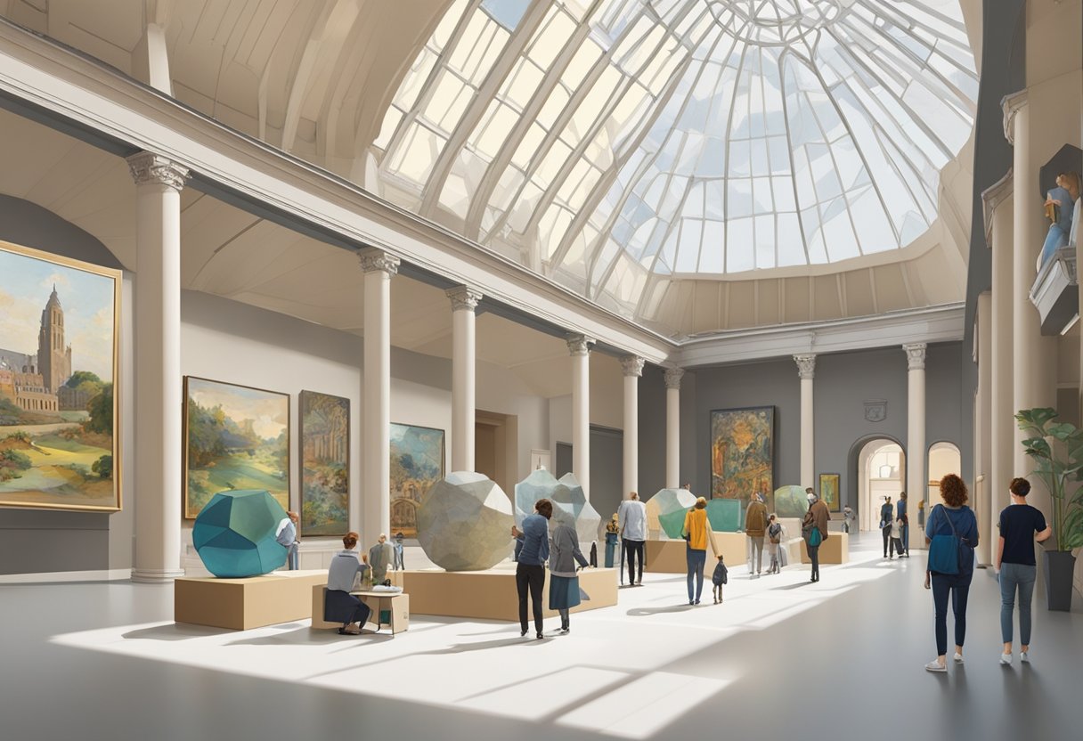 A bustling museum in Utrecht with diverse exhibits and interactive installations. Visitors explore ancient artifacts and modern art in a grand, light-filled space