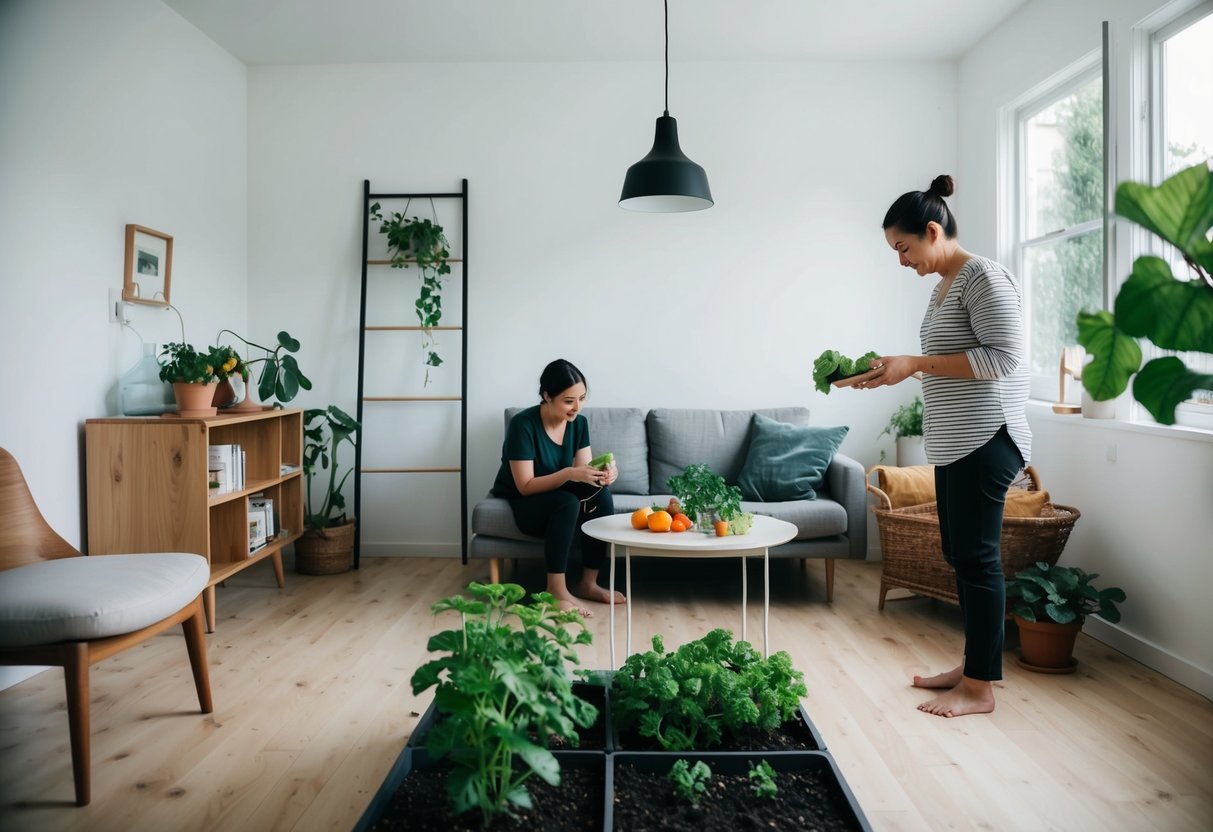 Ein minimalistischer Wohnraum mit einfachen Möbeln und wenigen Besitztümern, ein kleiner Garten mit selbst angebauten Produkten und eine Person, die sparsame Tätigkeiten wie das Reparieren von Gegenständen oder das Praktizieren nachhaltiger Gewohnheiten ausübt