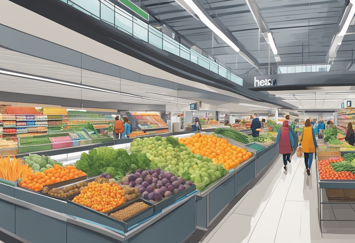 A bustling Albert Heijn store in Utrecht Centraal station, with rows of colorful produce, shelves stocked with groceries, and customers browsing the aisles