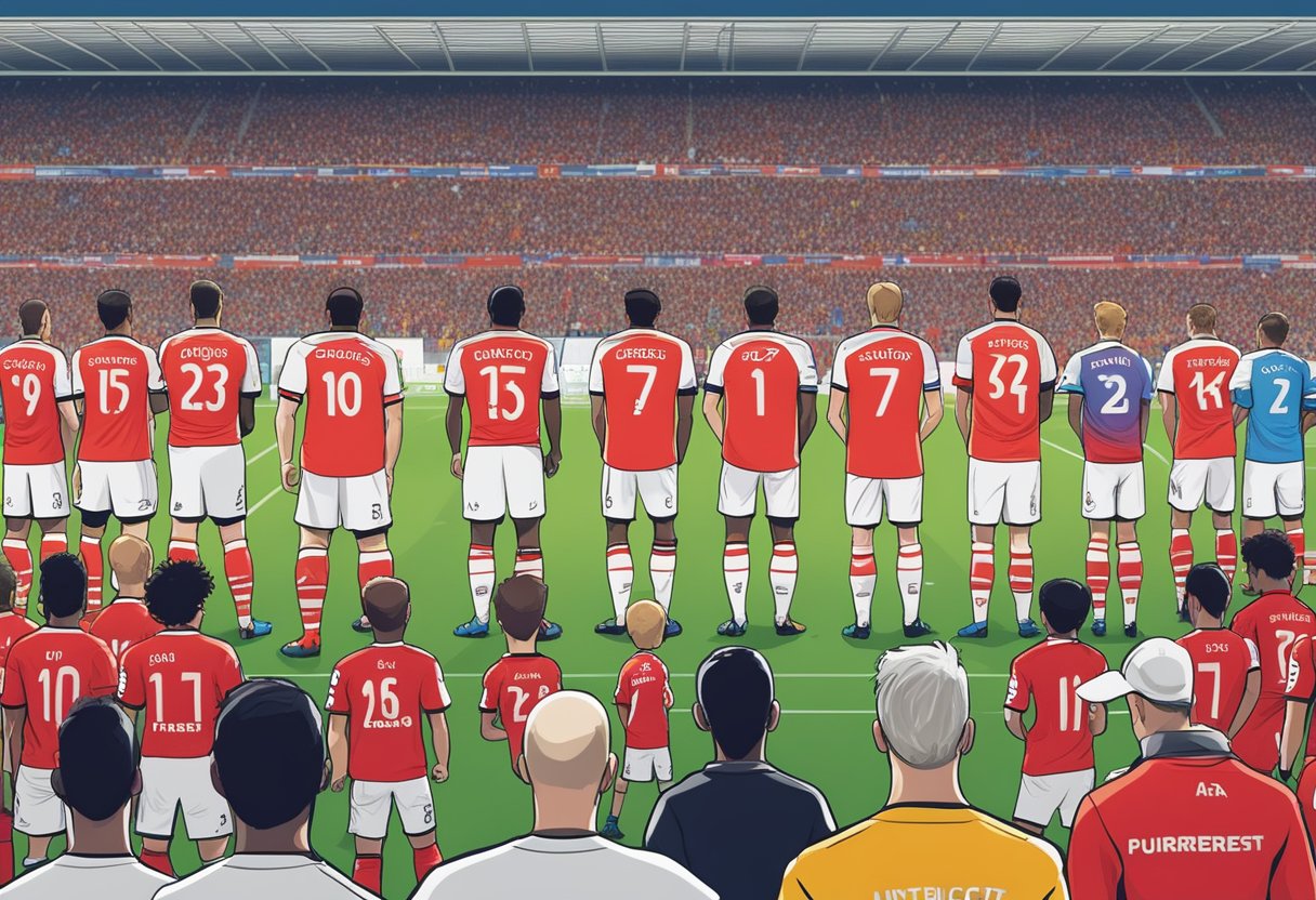 Players of FC Utrecht and Almere City line up on the field before the match, with the stadium and fans in the background