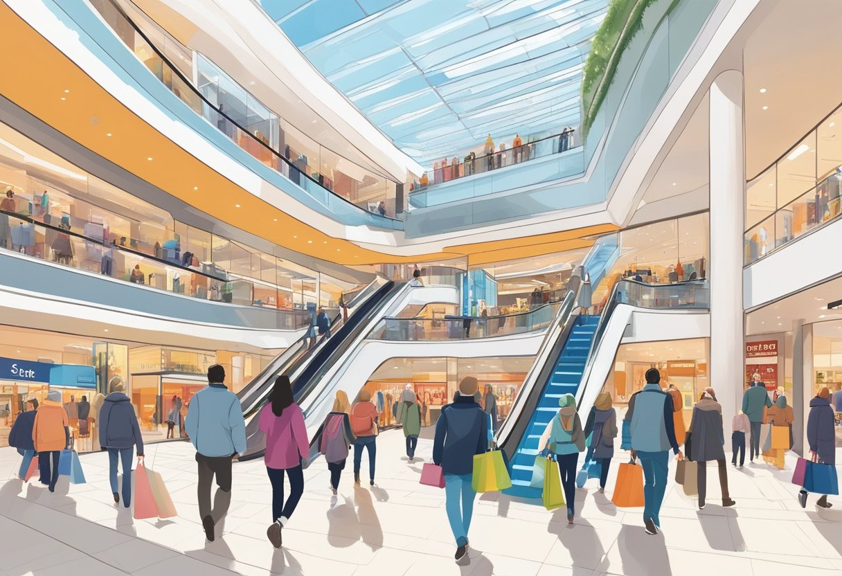 People walking and shopping in the bustling Hoog Catharijne shopping mall in Utrecht. Various stores, escalators, and bright lights fill the scene