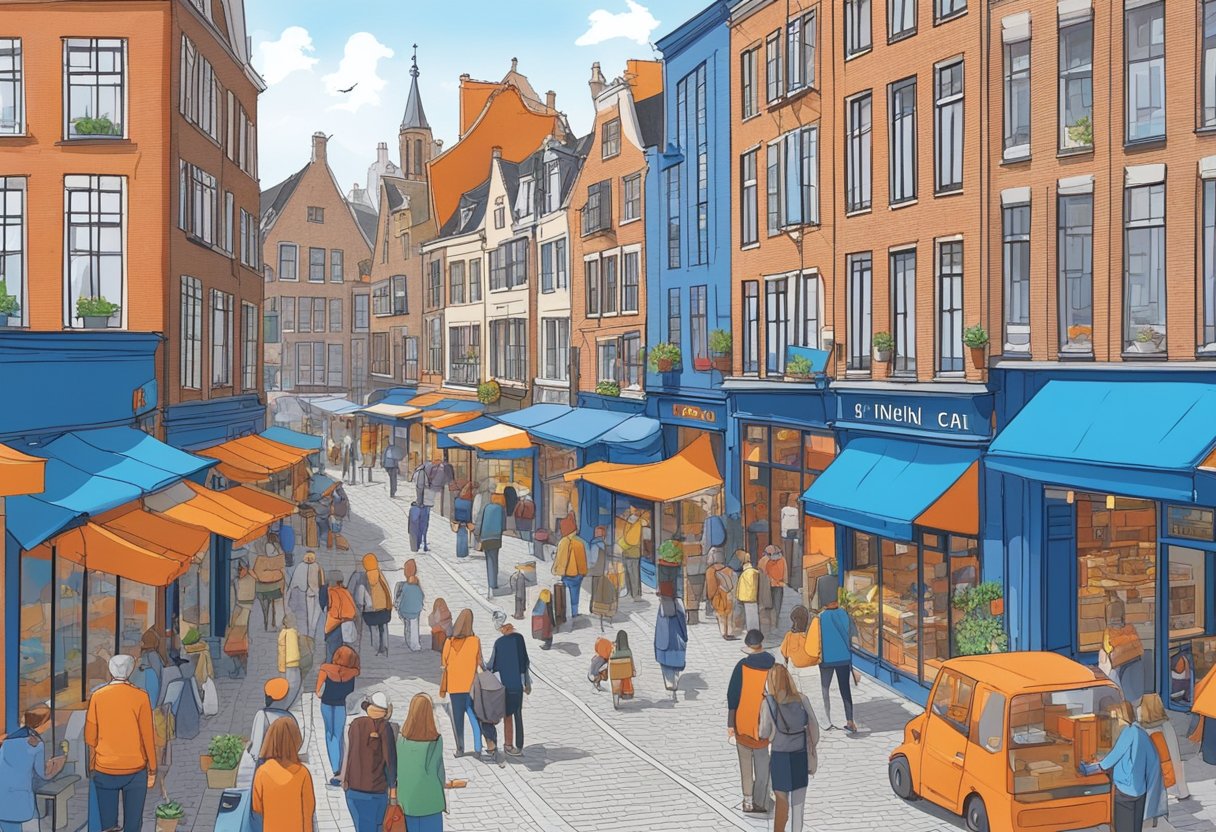 A bustling street in Utrecht with various shops and cafes, featuring the recognizable blue and orange signage of PostNL points for easy accessibility